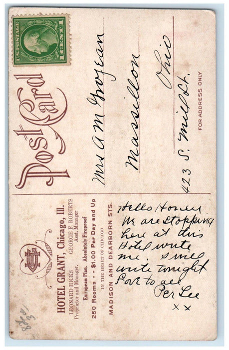 c1910's Hotel Grant Building Stores Cars Chicago Illinois IL Antique Postcard