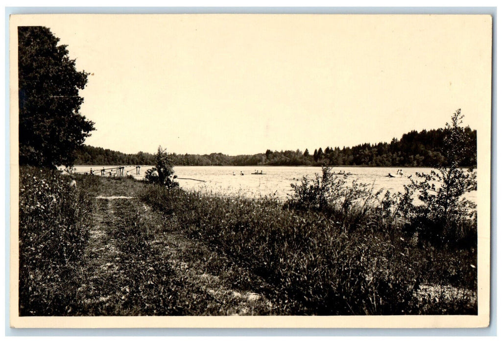 1932 Boating in River Grasses View Ebersburg Germany RPPC Photo Postcard