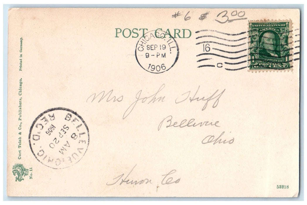 1906 Grand Pacific Hotel Building Cars Chicago Illinois IL, Bellevue OH Postcard