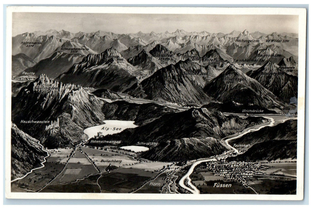 1937 Mountains Rivers Name Füssen Bavaria Germany RPPC Photo Postcard