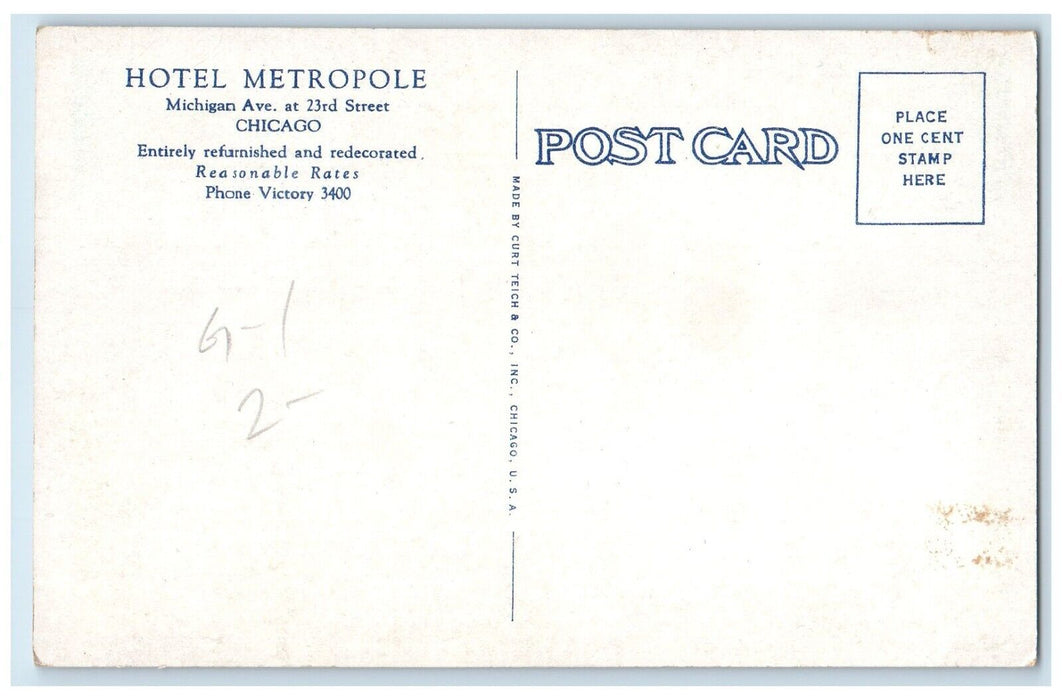 c1950's Hotel Metropole Michigan Ave. Cars Chicago Illinois IL Vintage Postcard