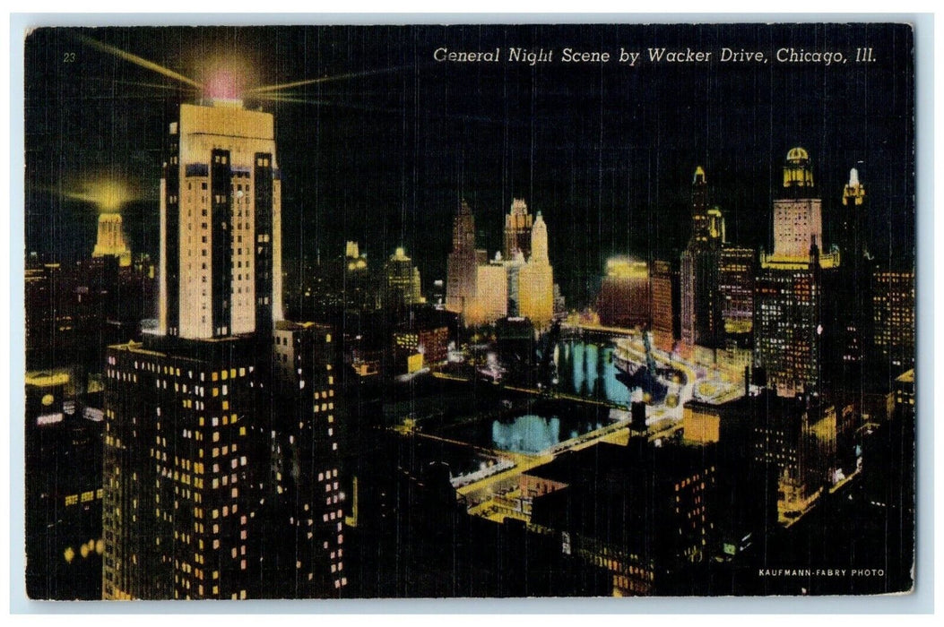 1948 General Night Scene By Wacker Drive Chicago Illinois IL Vintage Postcard