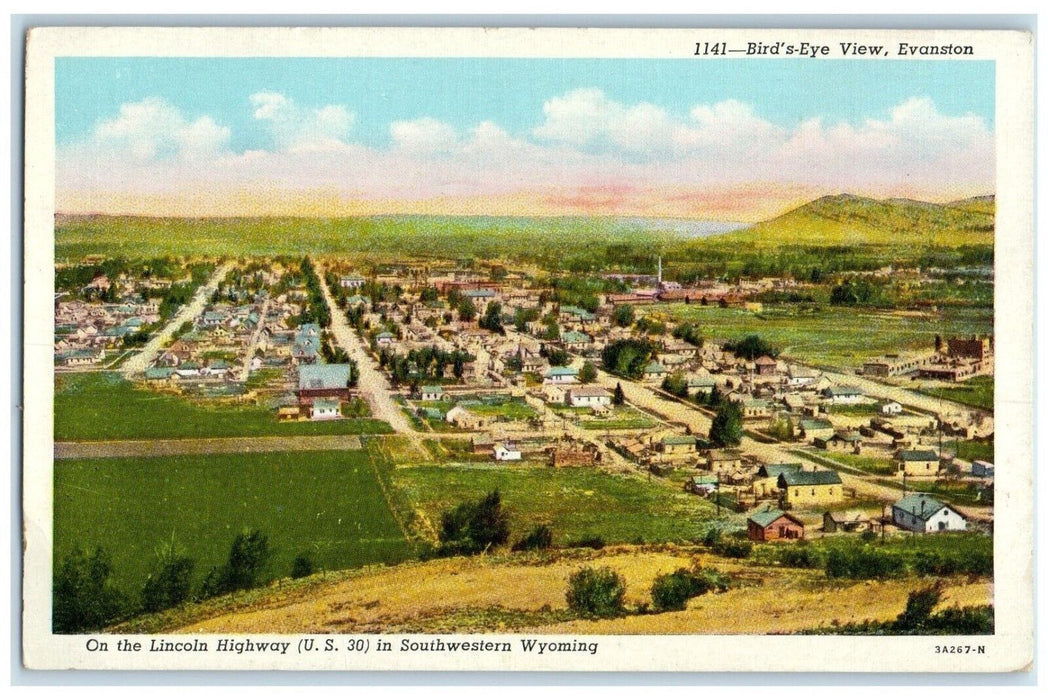 c1930's Bird's Eye View Of Evanston Wyoming WY, On The Lincoln Highway Postcard