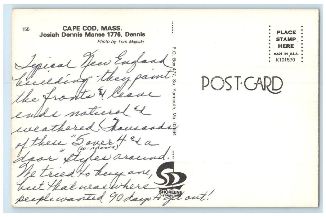 c1960 Josiah Dennis Manse Dennis Exterior Field Cape Cod Massachusetts Postcard