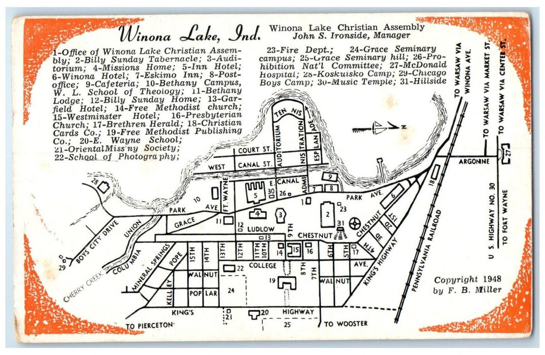 c1940 Christian Assembly Map Ironside Manager Hill Winona Lake Indiana Postcard