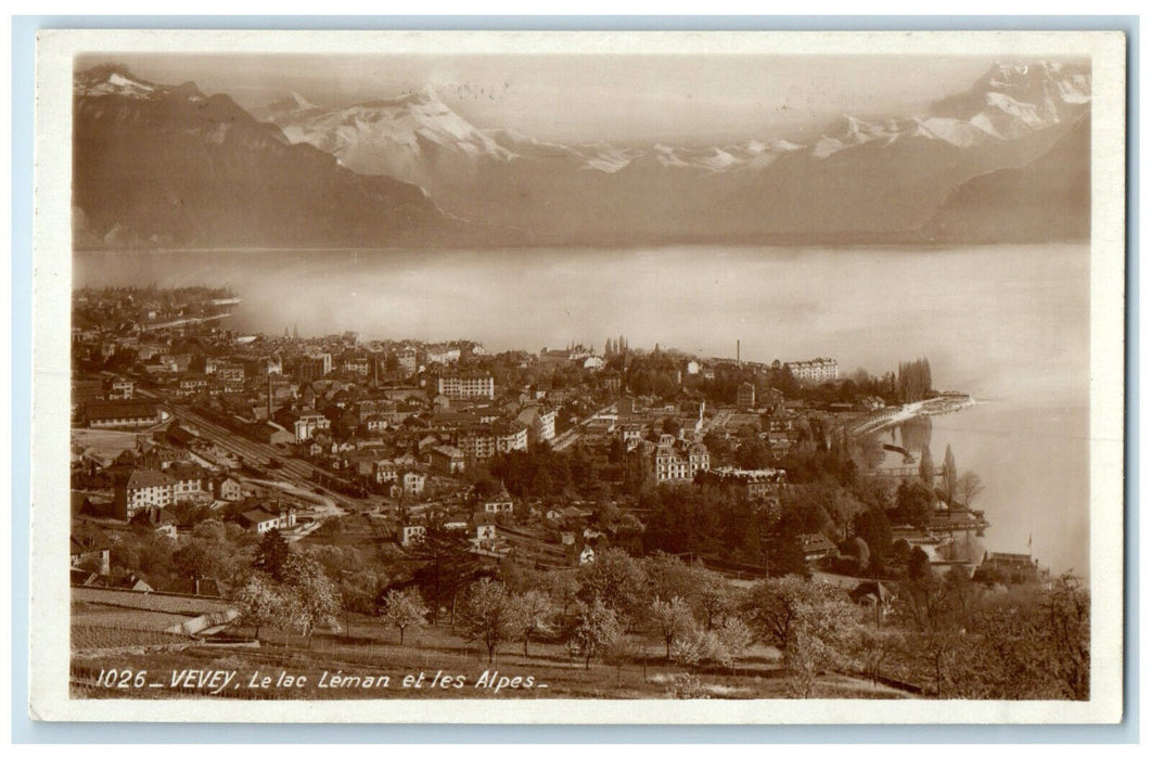 c1930's Lake Geneva And The Alps Vevey Switzerland RPPC Photo Postcard