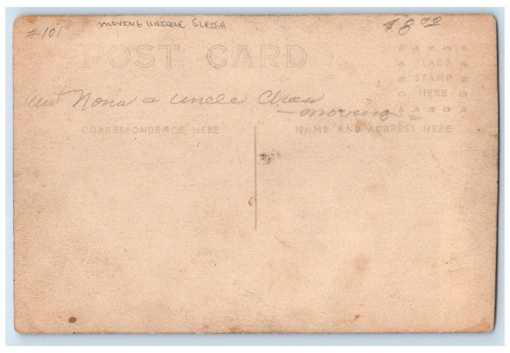 c1910's Moving Unique Horses Sleigh Winter RPPC Photo Posted Antique Postcard