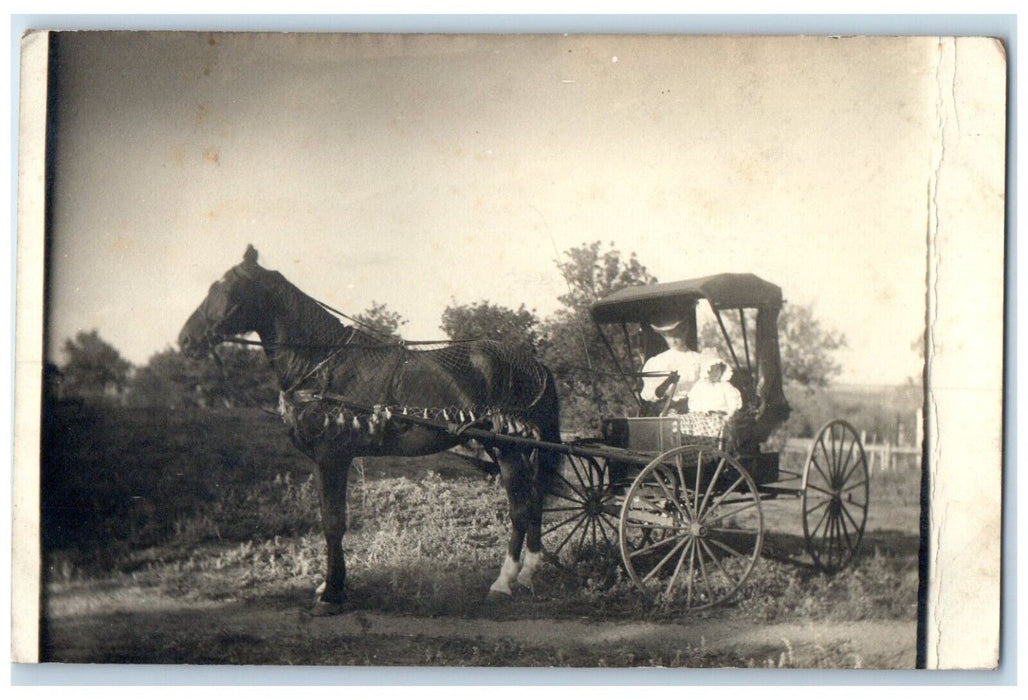 c1910's Mother And Daughter Riding Horse Carriage RPPC Photo Antique Postcard
