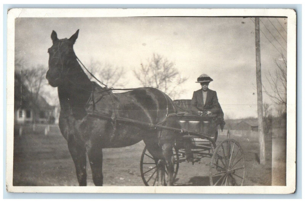 c1910's Boy Riding Horse And Buggy House RPPC Photo Unposted Antique Postcard