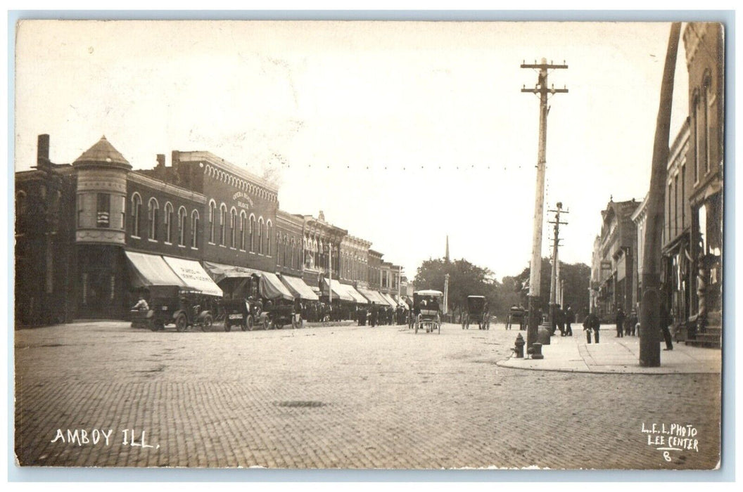 1913 Opera House Stores Cars Lee Center Amboy Illinois IL RPPC Photo Postcard