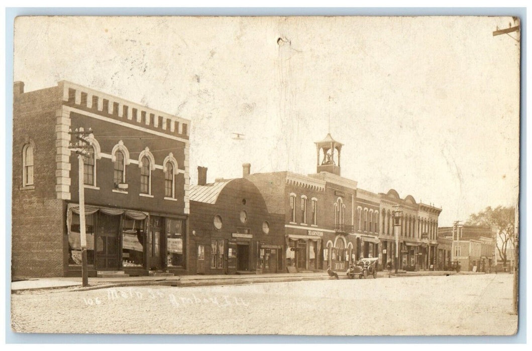 c1910's Main Street Harness Car Buildings Amboy Illinois IL RPPC Photo Postcard
