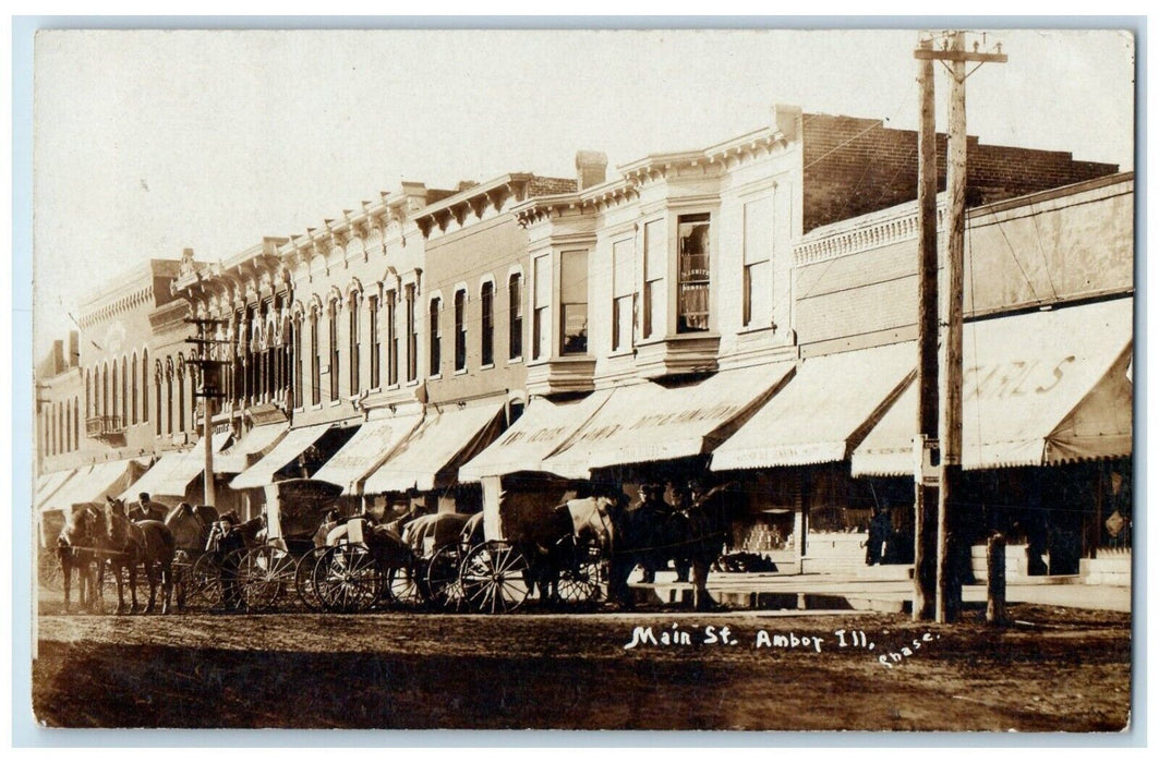 1908 Main Street Stores Horse Buggy Amboy Illinois IL Chase RPPC Photo Postcard