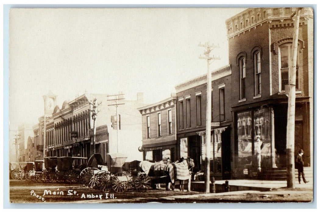 c1910's Main Street Horse Carriage Stores Amboy IL Chase RPPC Photo Postcard