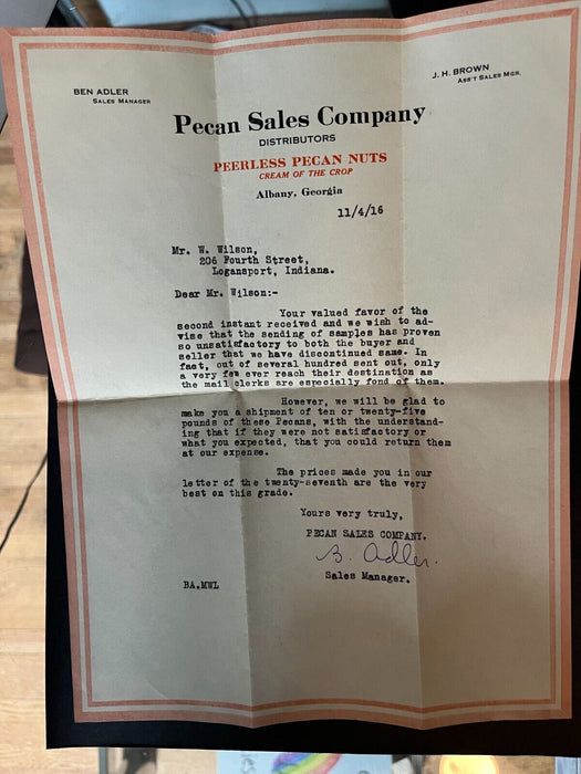 Pecan Sales Company Distributor Shipment Peerless Letterhead Nuts Albany Georgia