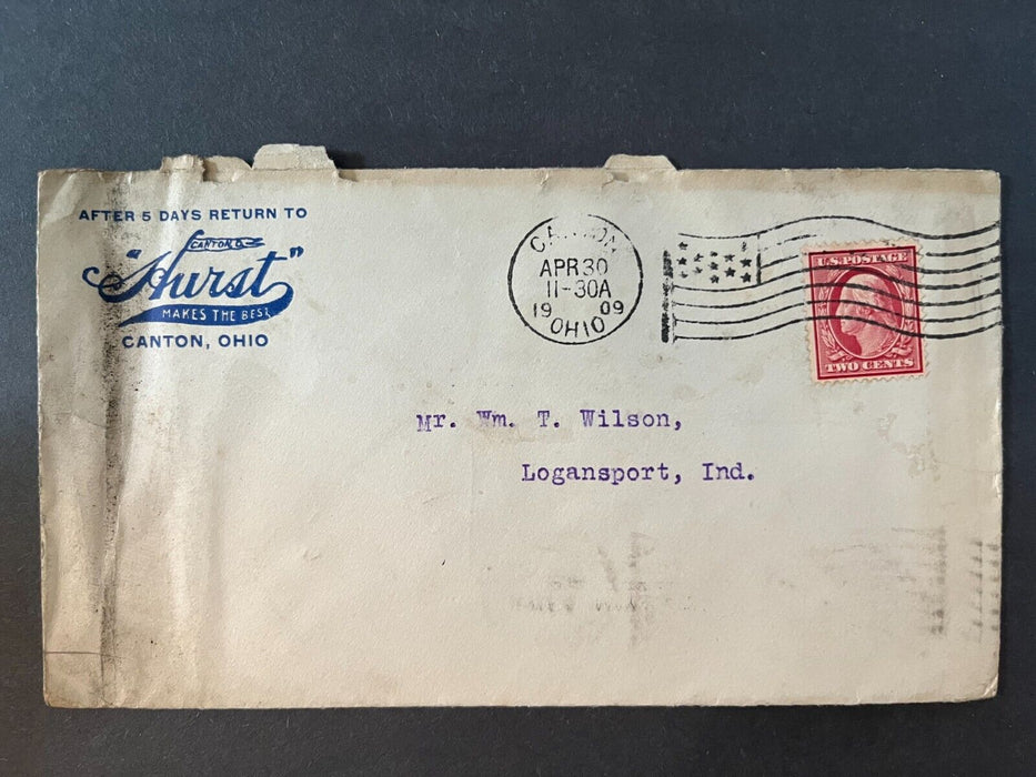 1909 Hurst Canton Ohio Logansport Indiana Flag Cancel 2 Cent Cover