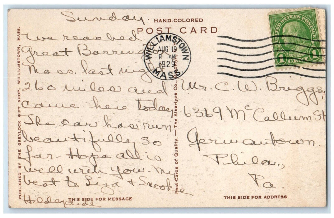 1929 Greylock Henry Teague Lessee Williamstown Massachusetts MA Vintage Postcard