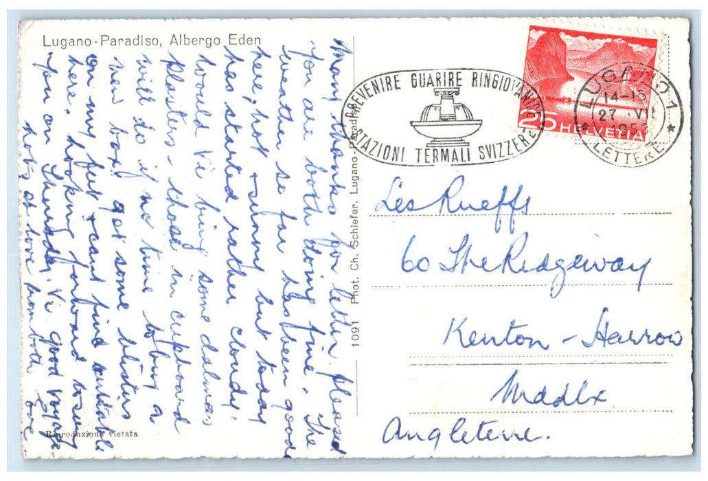 1953 Lugano Paradiso Albergo Eden Switzerland Posted RPPC Photo Postcard