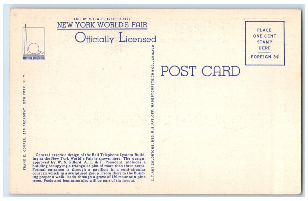 c1930's A T & T Building New York World's Fair, Exterior Design Vintage Postcard