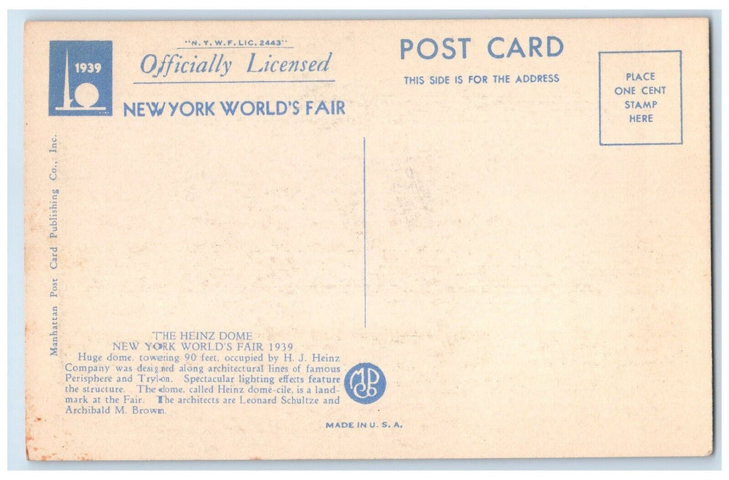 1939 New York World's Fair Heinz Dome Cars Exterior View Vintage Postcard