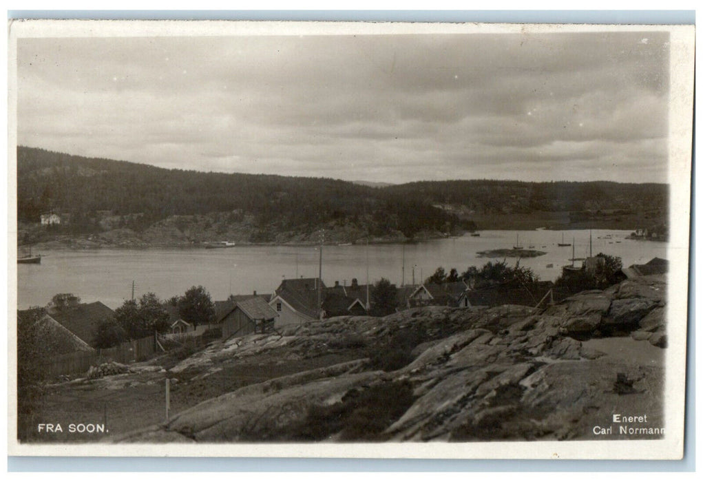 c1940's Boats Houses Buildings River in Son Norway RPPC Photo Postcard