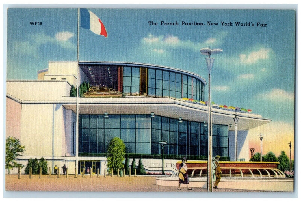 New York World's Fair The French Pavilion Flag Scene Street Vintage Postcard