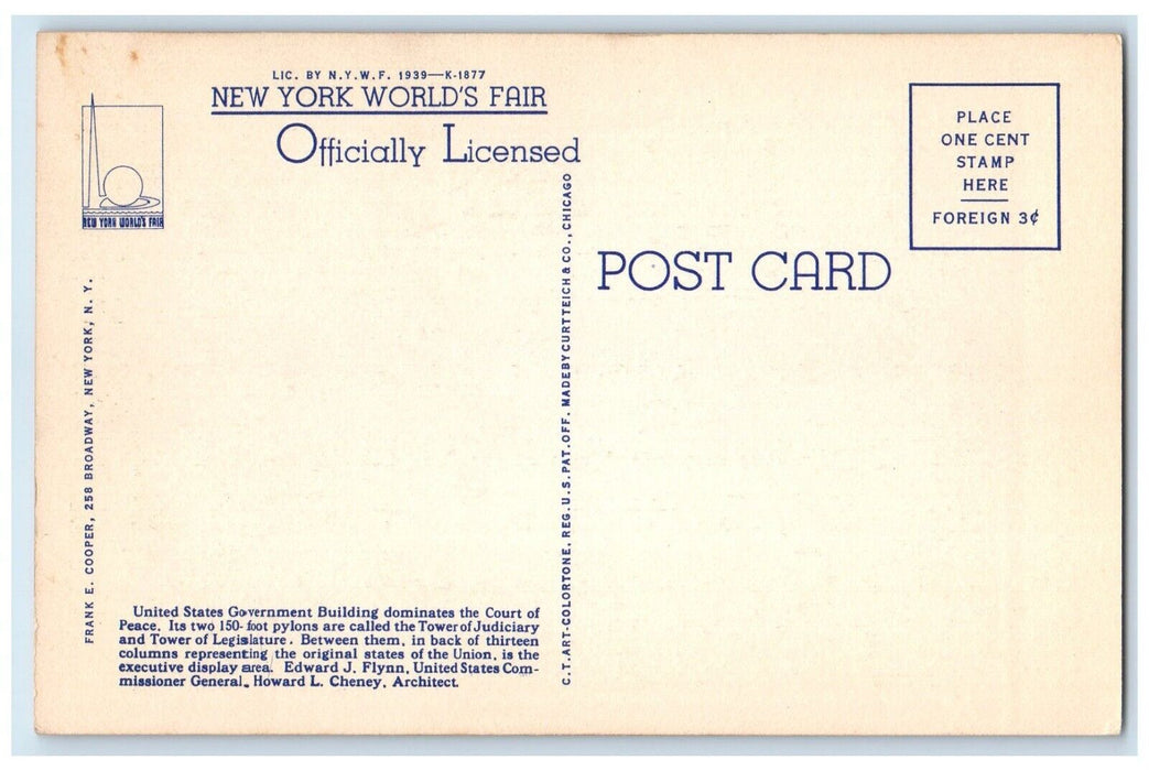 1939 New York World's Fair United States Government Building Vintage Postcard