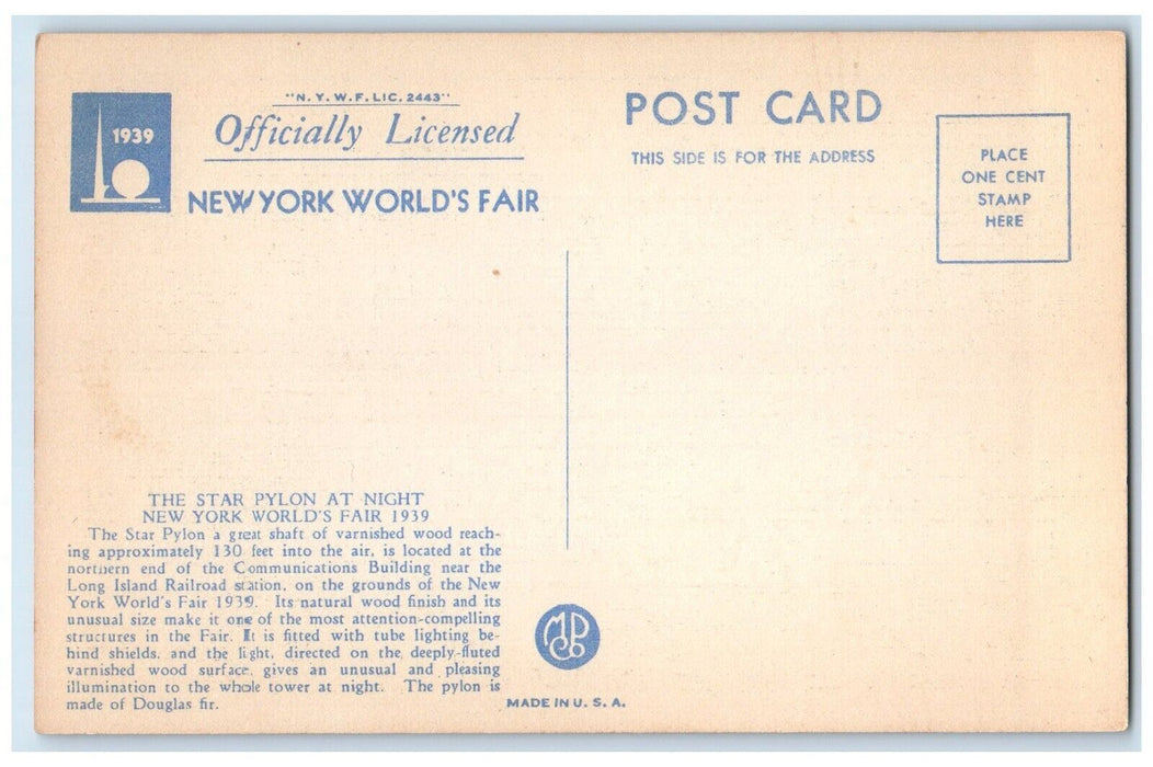 1939 New York World's Fair The Star Pylon Night View Unposted Vintage Postcard