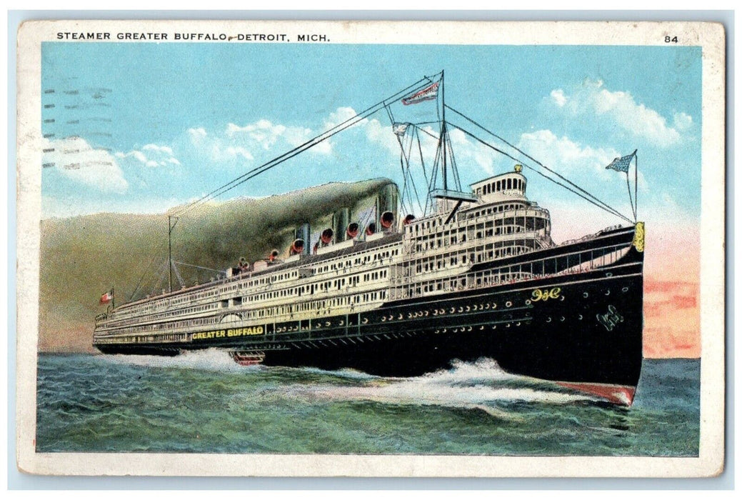 1925 Steamer Greater Buffalo Great Lakes Sea Detroit Michigan Vintage Postcard