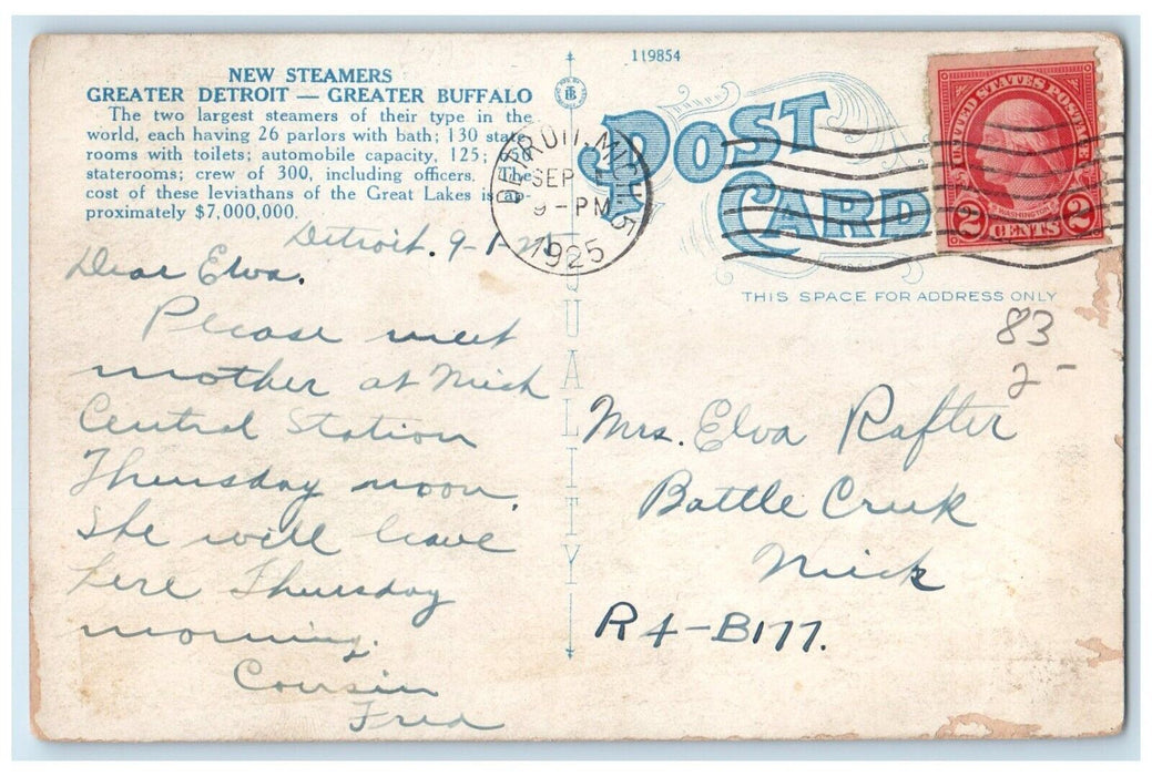 1925 Steamer Greater Buffalo Great Lakes Sea Detroit Michigan Vintage Postcard