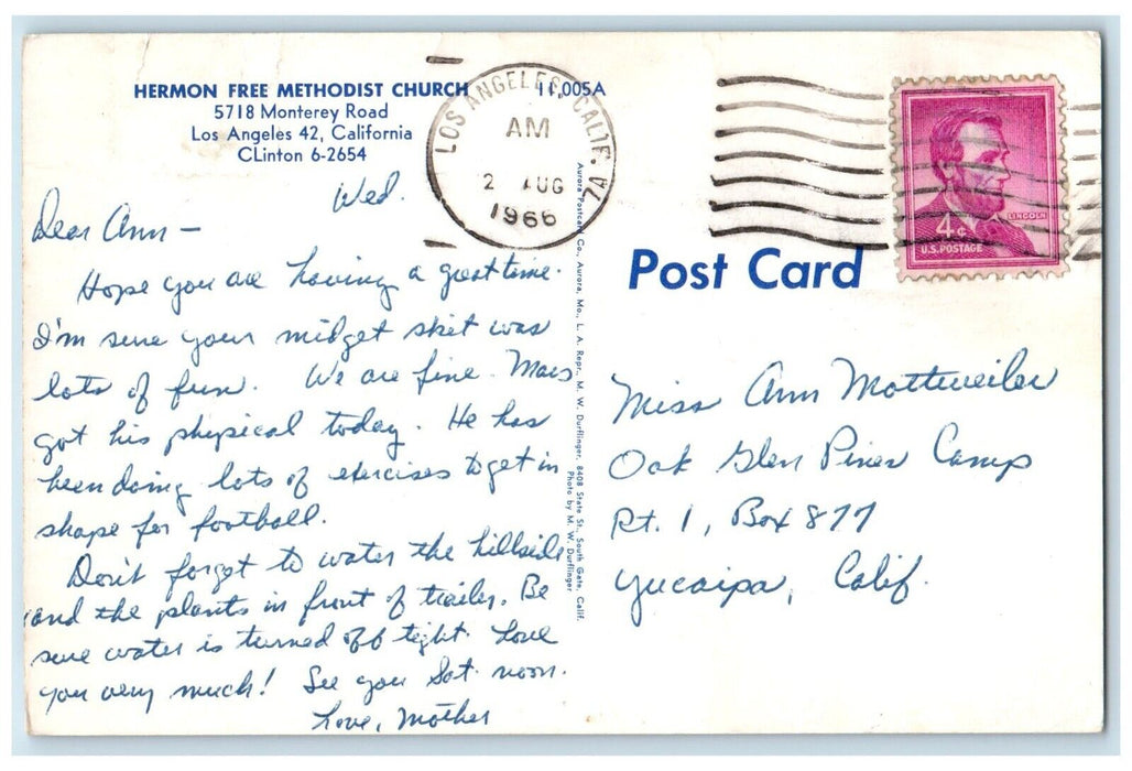 1966 Hermon Free Methodist Church Monterey Road Los Angeles California Postcard