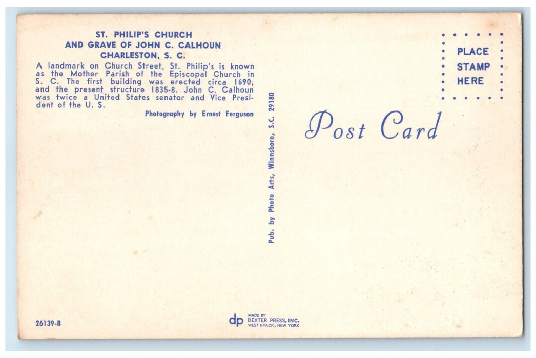 c1960 St. Philips Church Grave John Exterior Charleston South Carolina Postcard