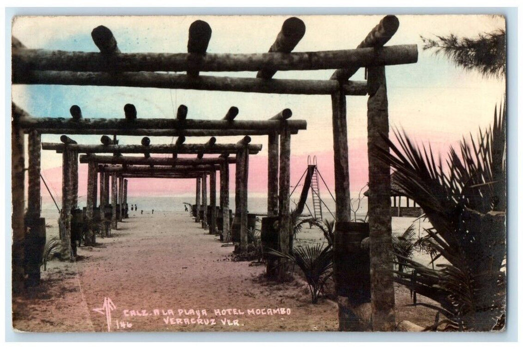 1941 Hotel Mocambo Beach View Tinted Veracruz Mexico RPPC Photo Postcard