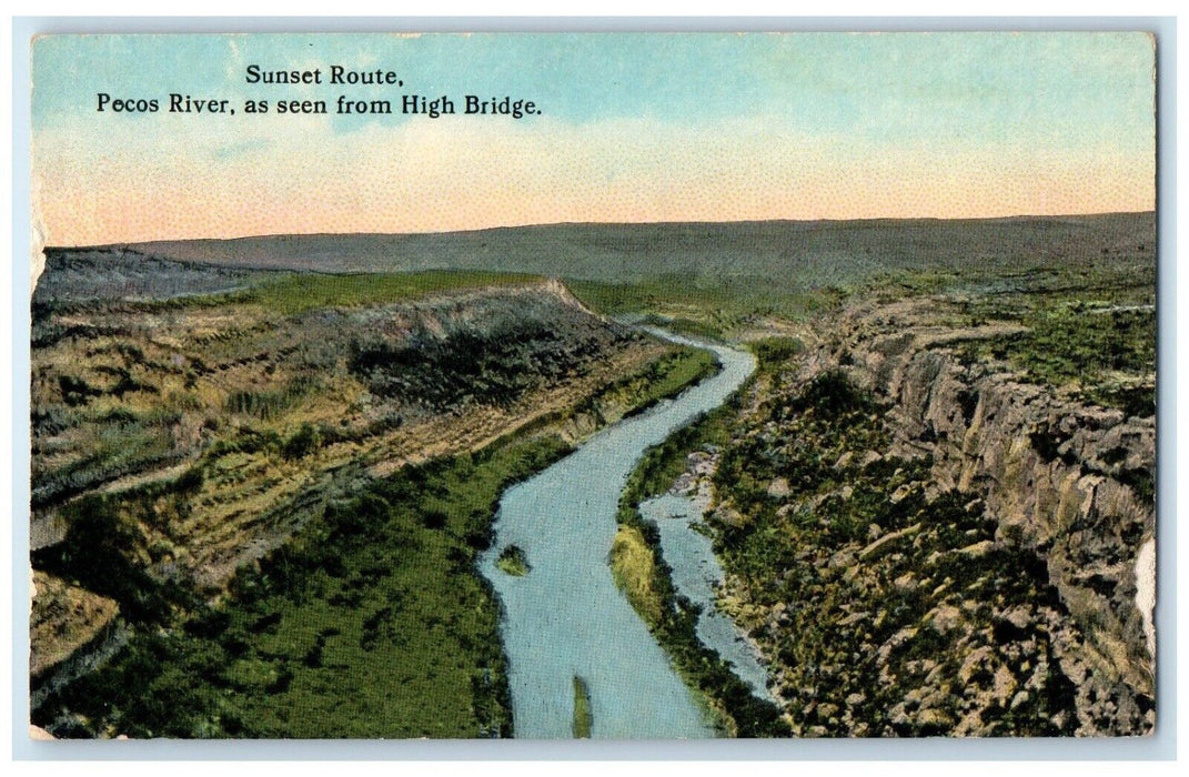 c1910 Aerial View Sunset Route Pecos River Lake Seen High Bridge Texas Postcard