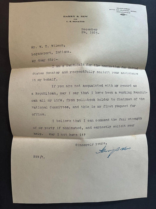 1915 Harry S. New Senate Candidate Postmaster Political Advertising Letter Cover