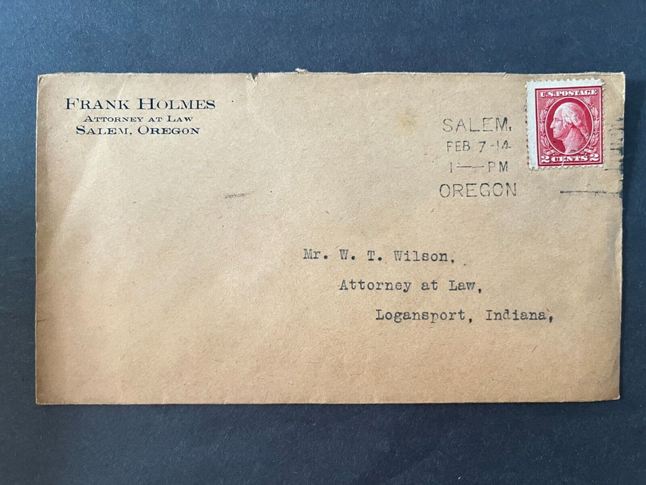 1914 Attorney Frank Holmes Salem Oregon Logansport Indiana Doane Cancel Cover