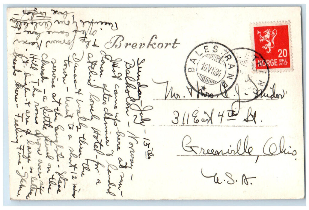 1934 Mountain View Kvikne Hotel Balholmen Norway RPPC Photo Postcard