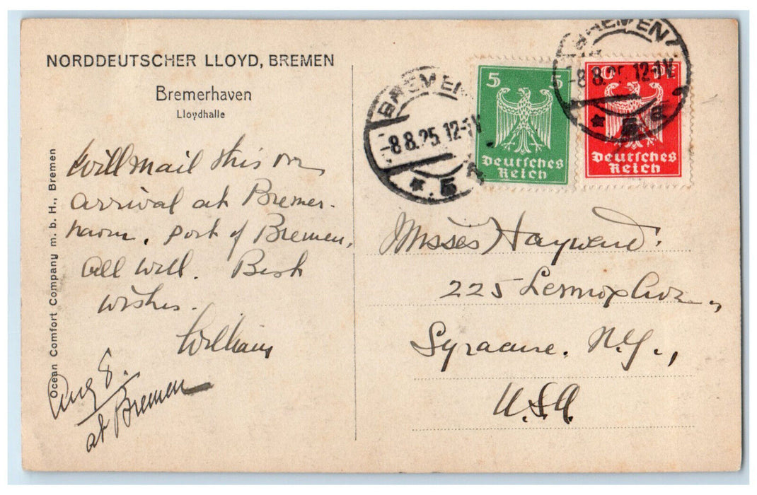 1925 North German Lloyd Bremerhaven Germany Lloydhalle RPPC Photo Postcard