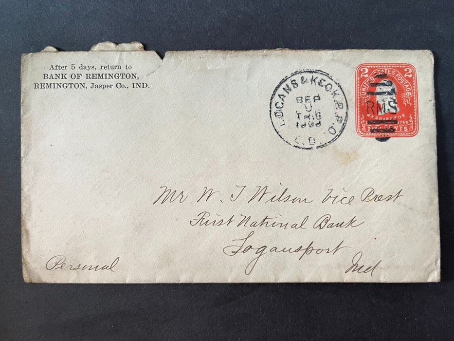 Bank Of Remington Jasper County Indiana Logansport Keok RPO Duplex Cancel Cover