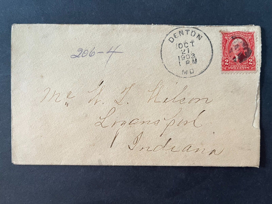 1903 Mr. Wilson Denton Maryland Logansport Indiana Flag Cancel 2 Cent Cover