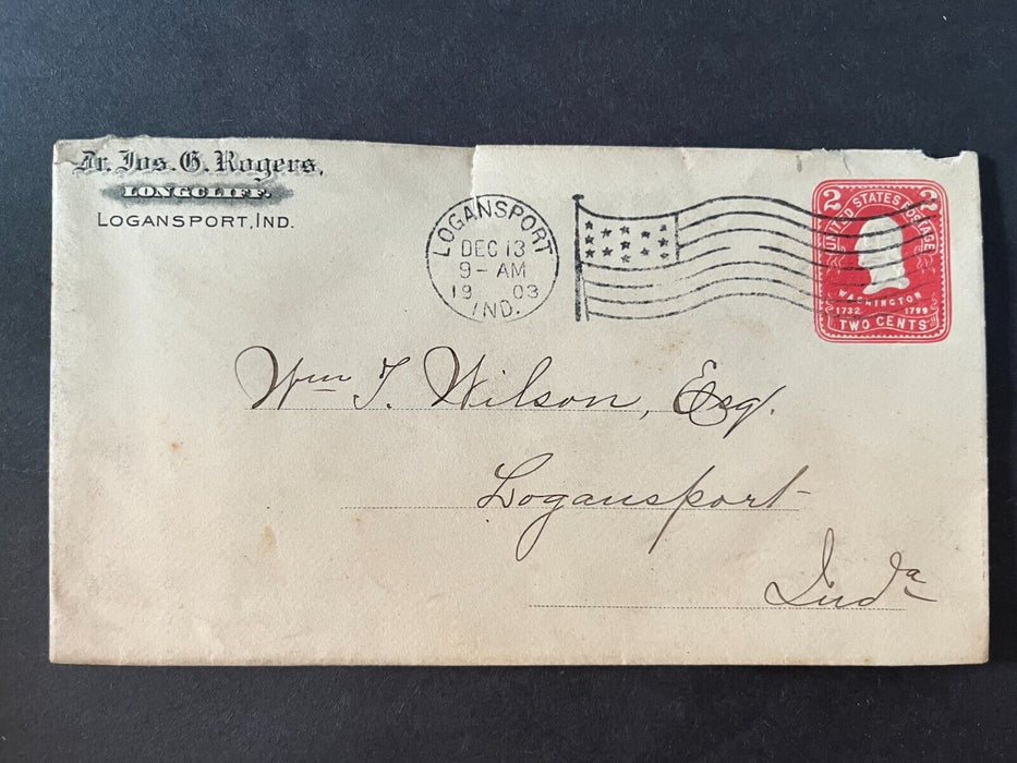 1903 Jos G. Rogers Longcliff Logansport Indiana Flag Cancel 2 Cent Cover