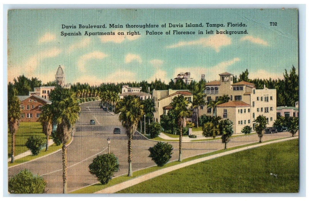 c1940 Aerial View Davis Boulevard Main Davis Island Tampa Florida Linen Postcard