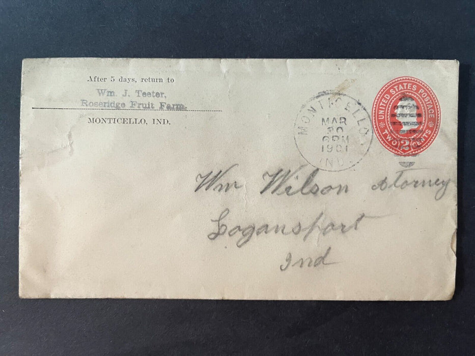 1901 Roseridge Fruit Farm Monticello Indiana To Logansport Duplex Cancel Cover