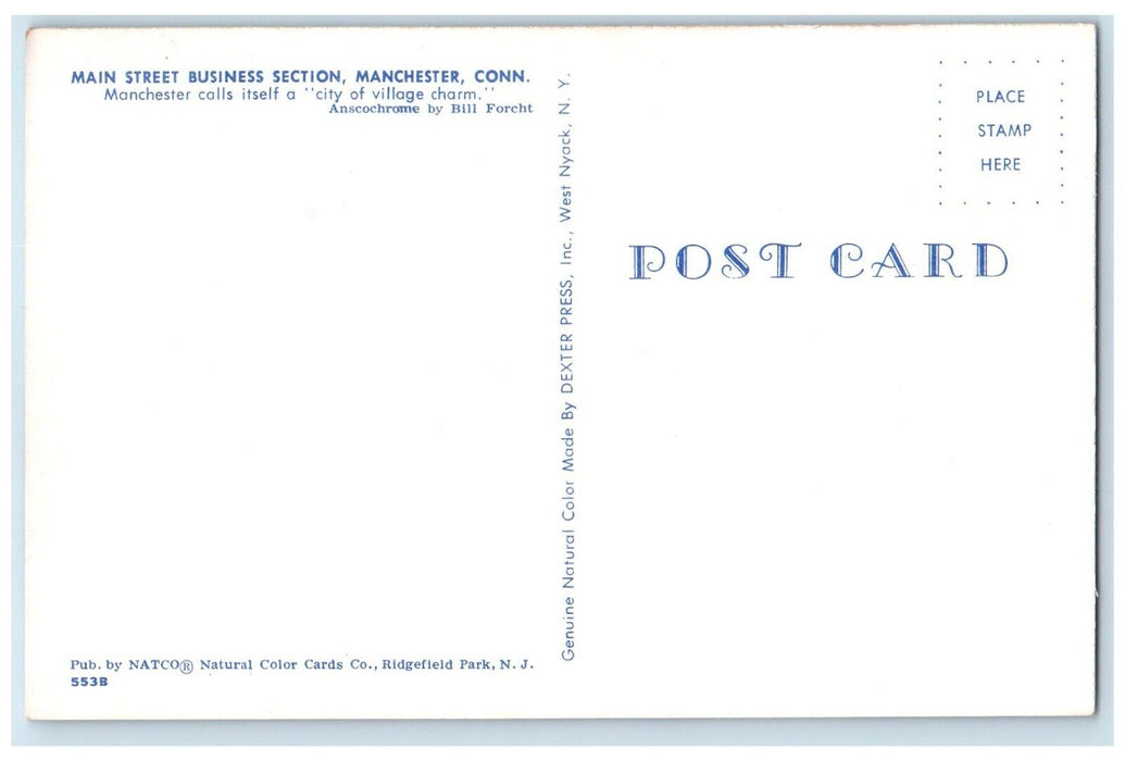 c1960 Main Street Business Section Classic Cars Manchester Connecticut Postcard