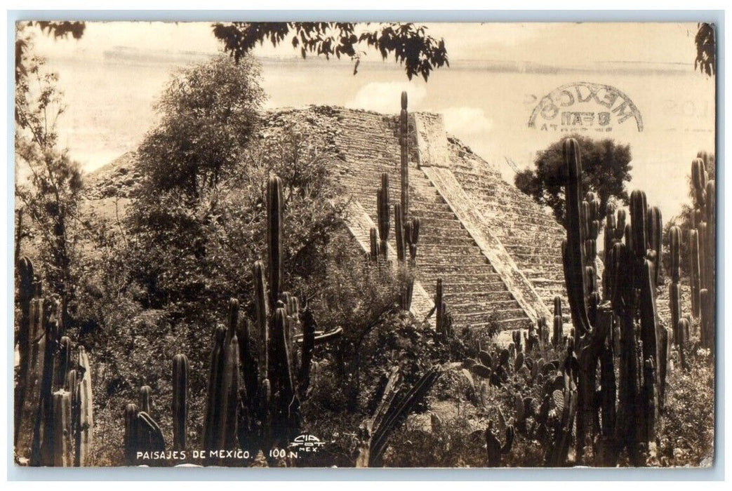 1941 Mexican Pyramid Landscape Cactus Mexico RPPC Photo Posted Postcard