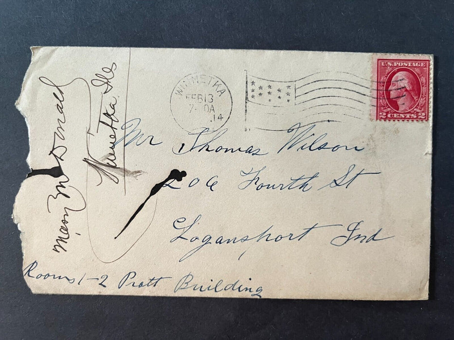 1914 Mr. Wilson Winnetka Indiana To Logansport Flag Cancel 2 Cent Cover