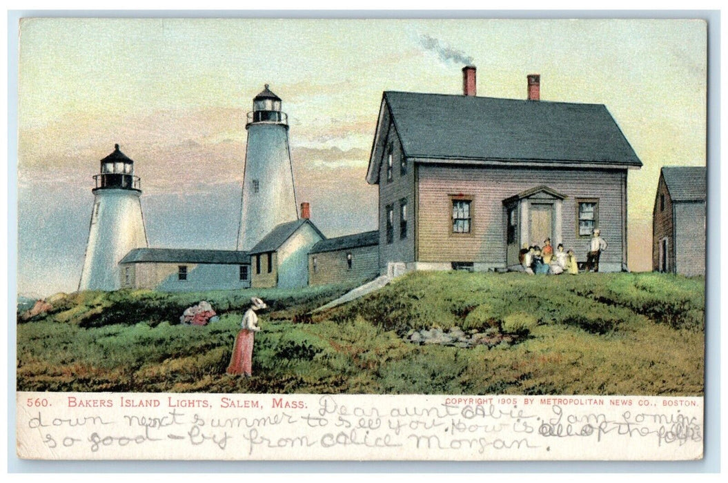 1906 Bakers Island Lights Lighthouse Salem Massachusetts MA Antique Postcard