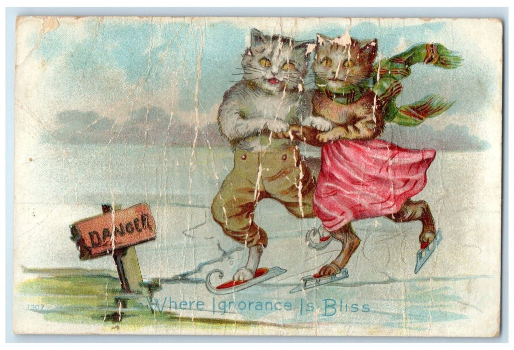 c1910's Anthropomorphic Cat Ice Skating Danger Sign Winslow Nebraska NE Postcard