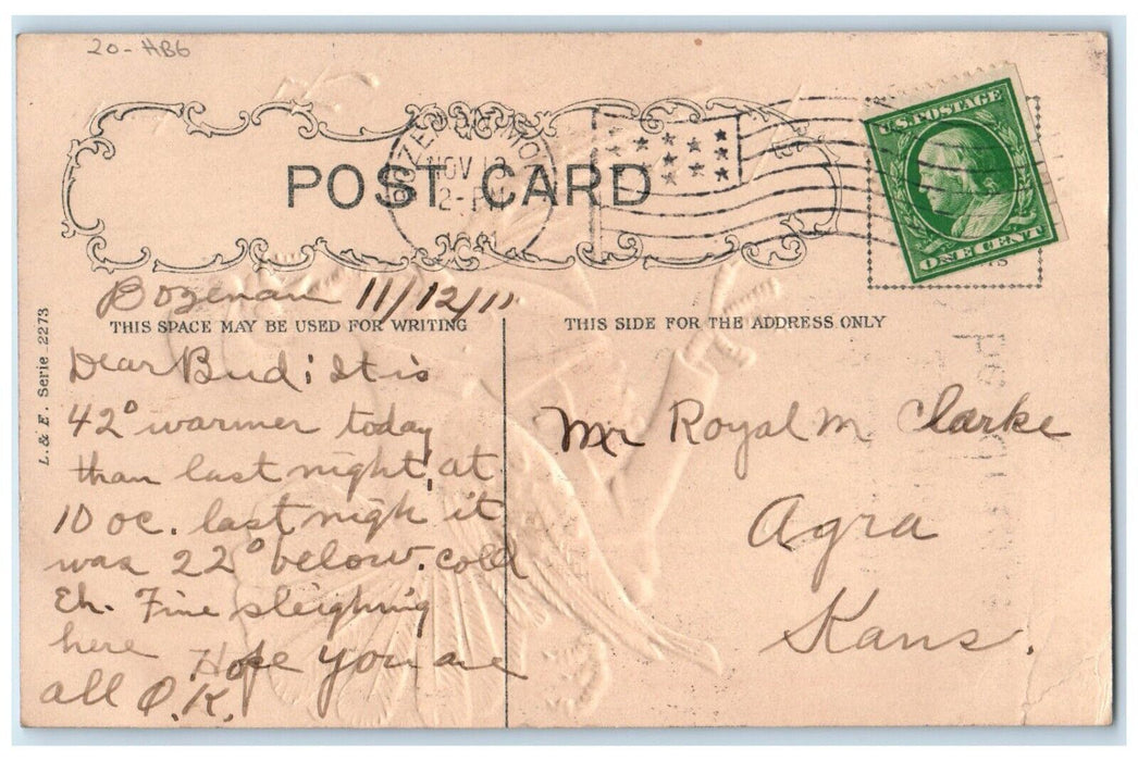 1911 Thanksgiving Greetings Anthropomorphic Turkey HBG Embossed Antique Postcard
