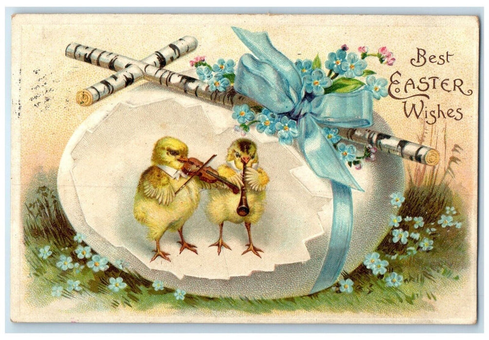 Easter Hatched Egg Cross Pansies Anthropomorph Chick Violin Clapsaddle Postcard