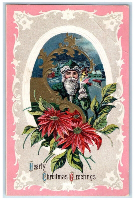 1914 Christmas Greetings Santa Claus Blue Robe Poinsettia Flowers Postcard